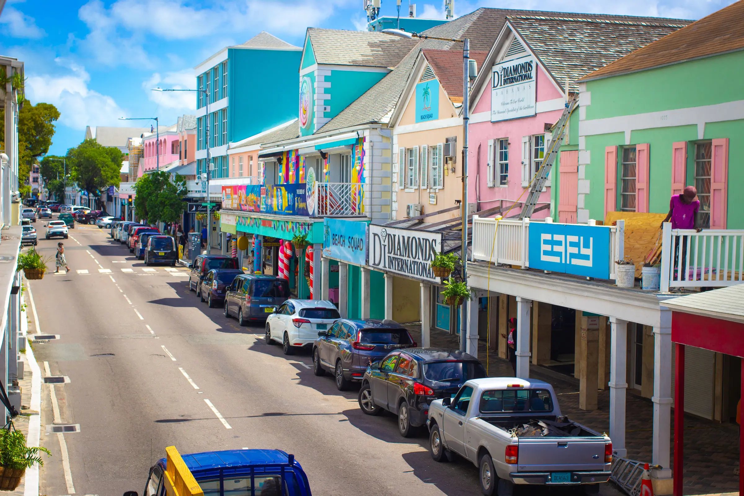 Colorful waterfront buildings in Bridgetown, the main hub of the Barbados bus system
