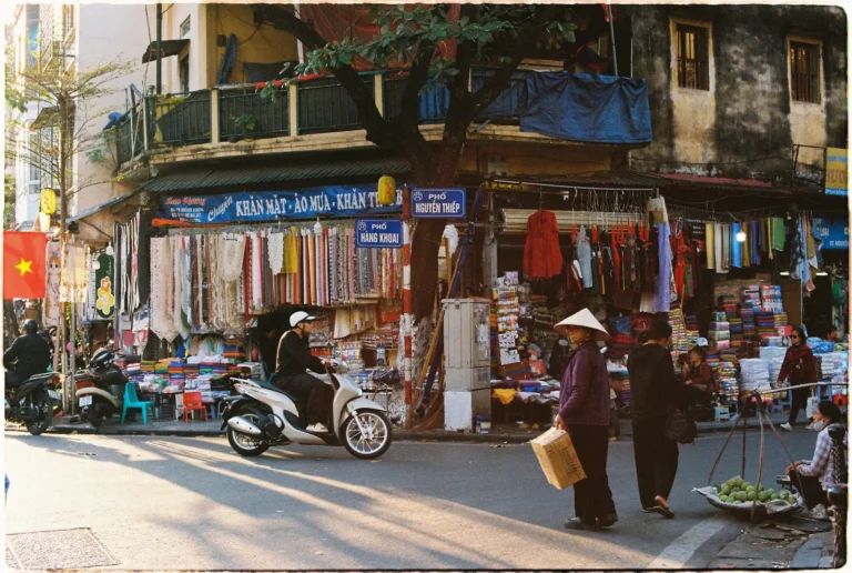 Busy Hanoi street scene for a Vietnam travel guide