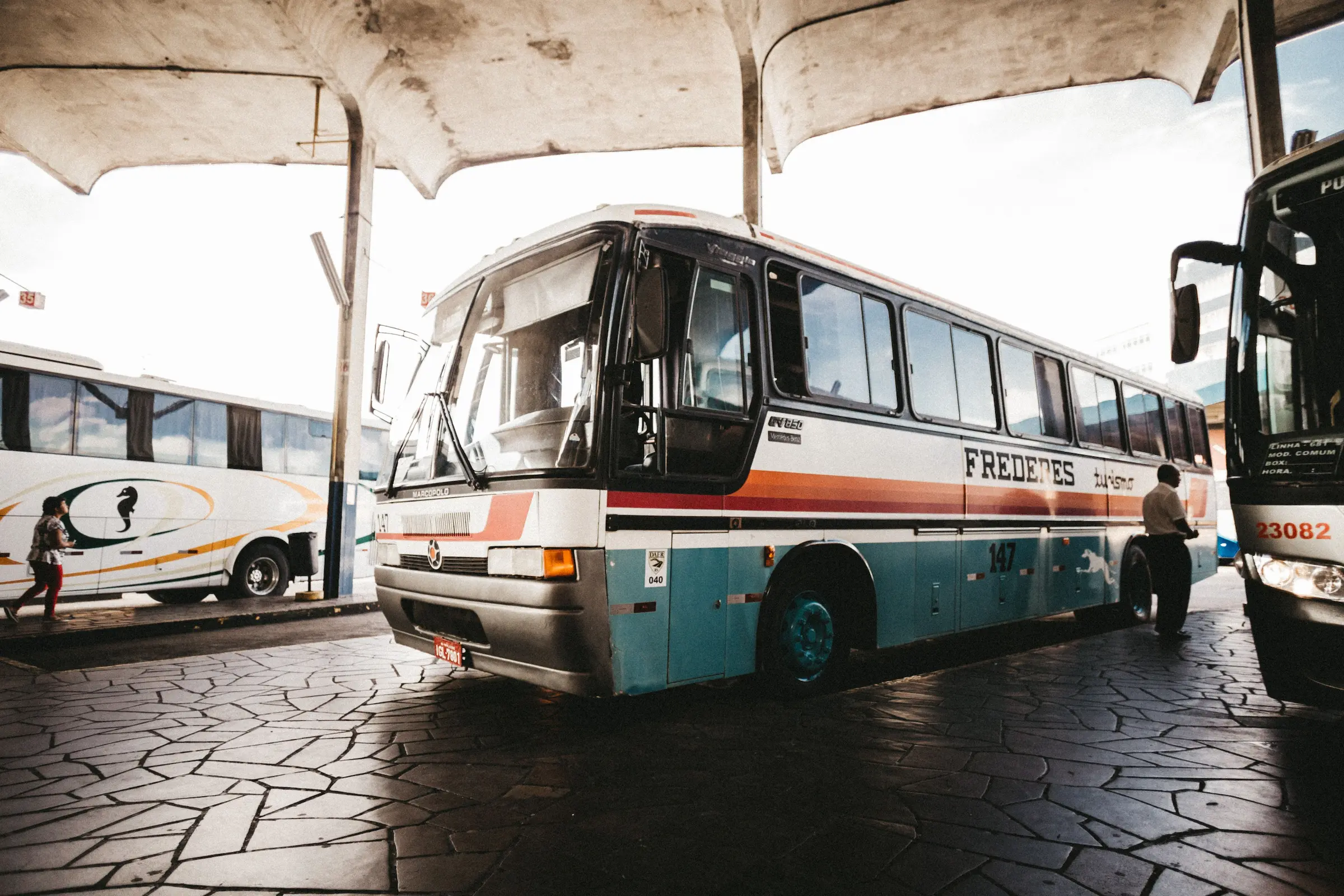 First-class bus waiting at a terminal, the main way of getting around Mexico